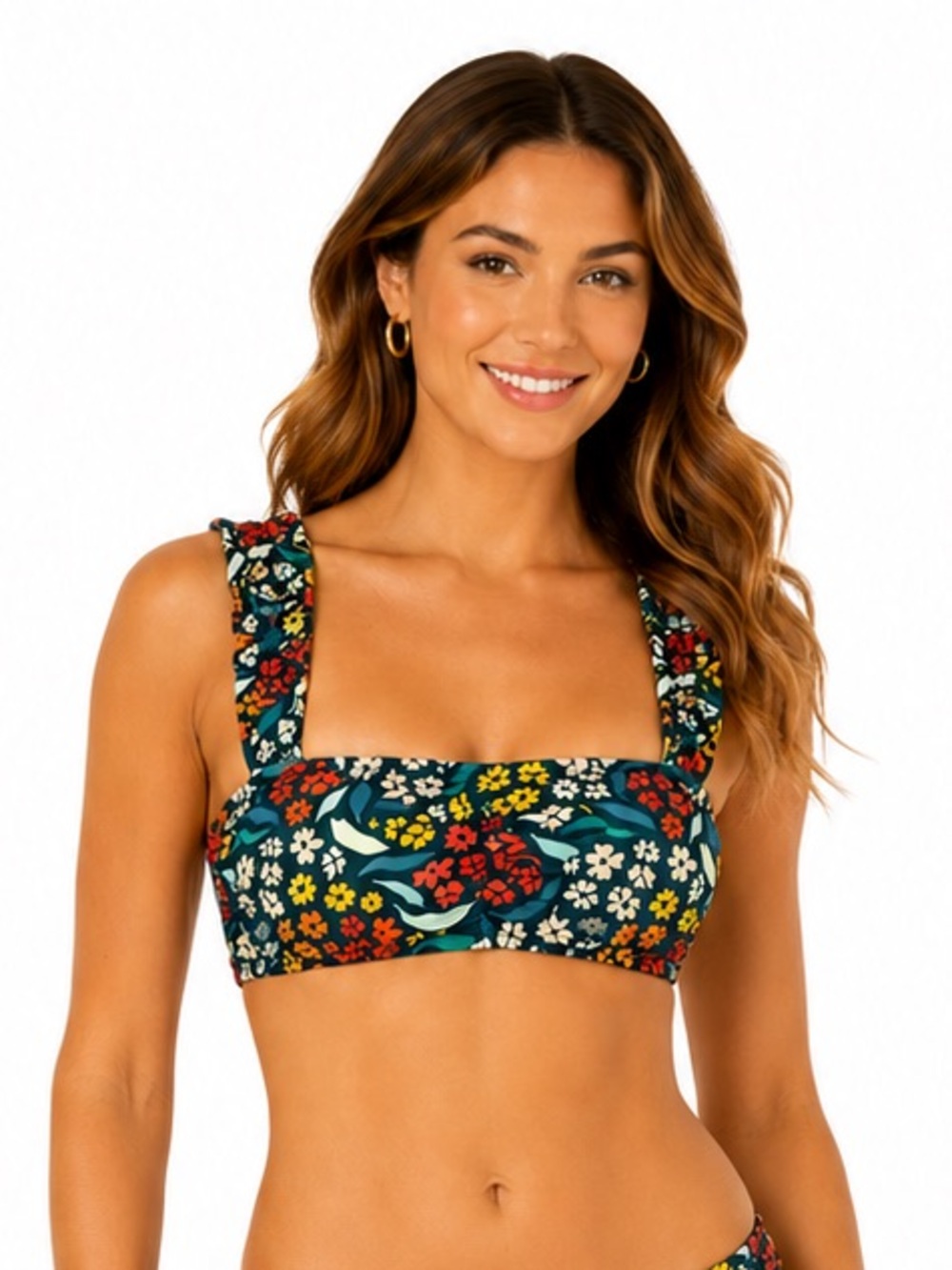 NWT Albion Fit Floral Bandeau Bikini Top Large Multicolor Ruched Strap Swim Top